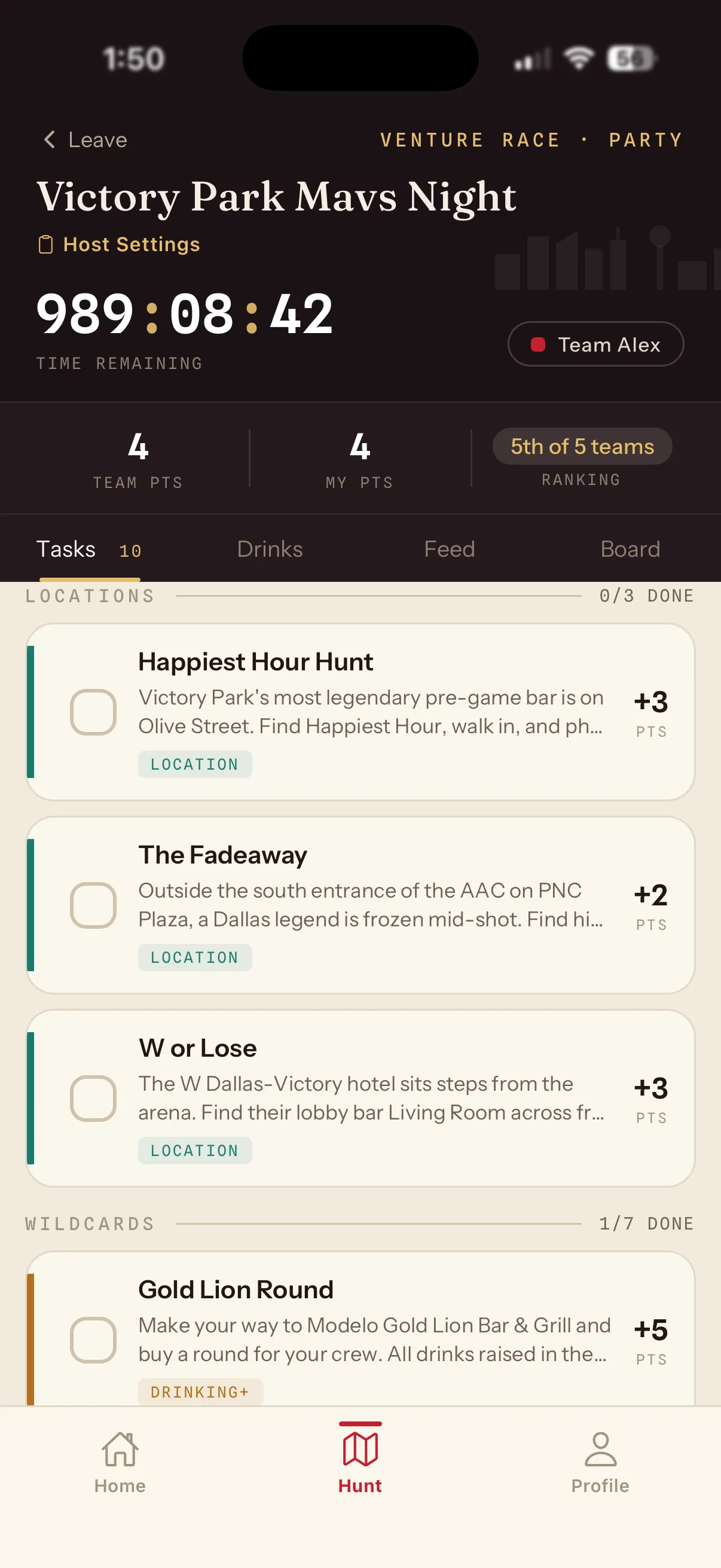 The Venture Race app showing the Victory Park Mavs Night task list, with location and wildcard tasks and their point values