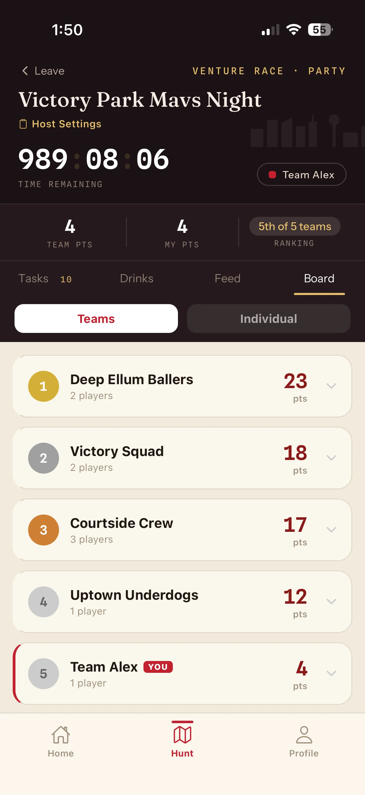 The Venture Race live leaderboard for Victory Park Mavs Night, ranking five teams by points as the hunt runs